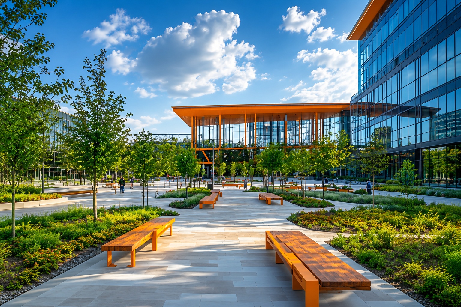 Modern campus courtyard with orange benches, trees, and glass-fronted buildings under a blue sky.