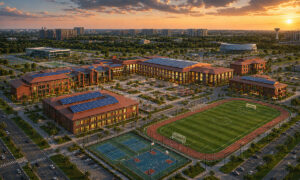 A university campus at sunset with red brick buildings, solar panels, a track and soccer field, and surrounding parking lots.