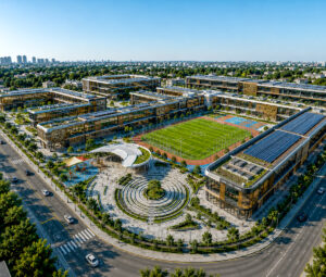 Aerial view of a modern campus with glass-fronted buildings surrounding a central circular plaza, green fields, and a running track nearby.