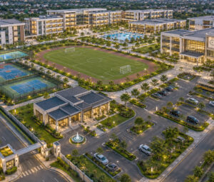 Aerial view of a modern university campus with a central soccer field, running track, tennis courts, and surrounding illuminated buildings at dusk/early evening.