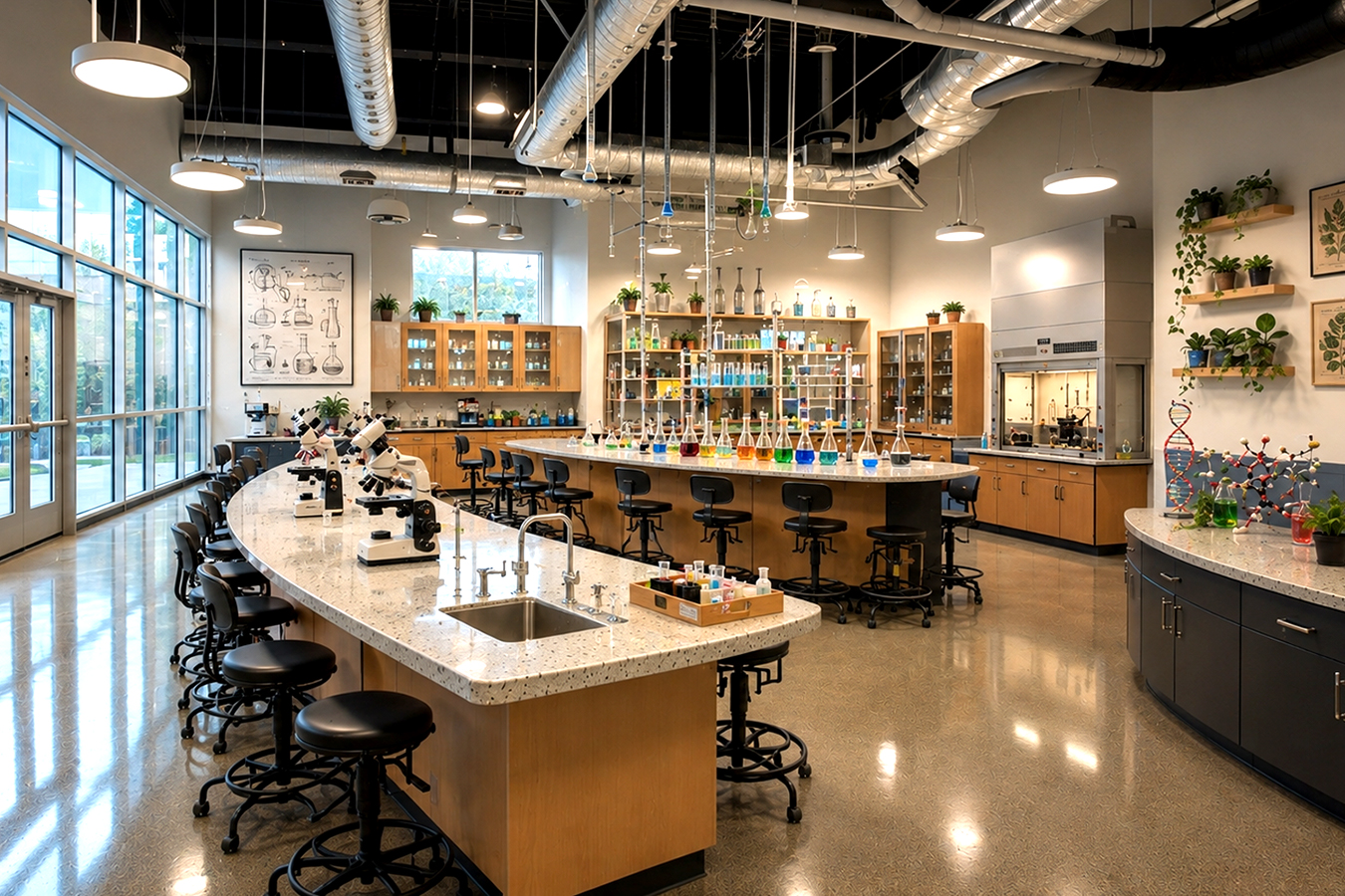 Modern university chemistry lab with curved granite countertops, multiple workstations, microscopes, glassware, and stools; large windows along the left wall.