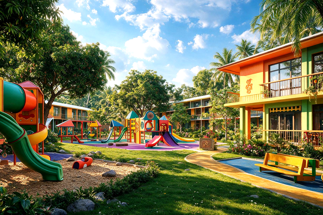 Colorful playground with slides and climbing structures in a sunny courtyard flanked by palm trees and colorful buildings and a lawned area like a resort or school campus.