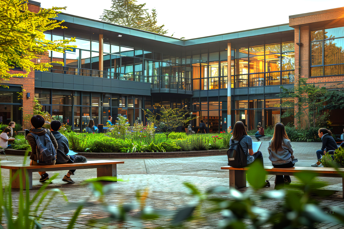 Students sit on benches in a sunny campus courtyard surrounded by modern glass-walled buildings and greenery, chatting and studying.