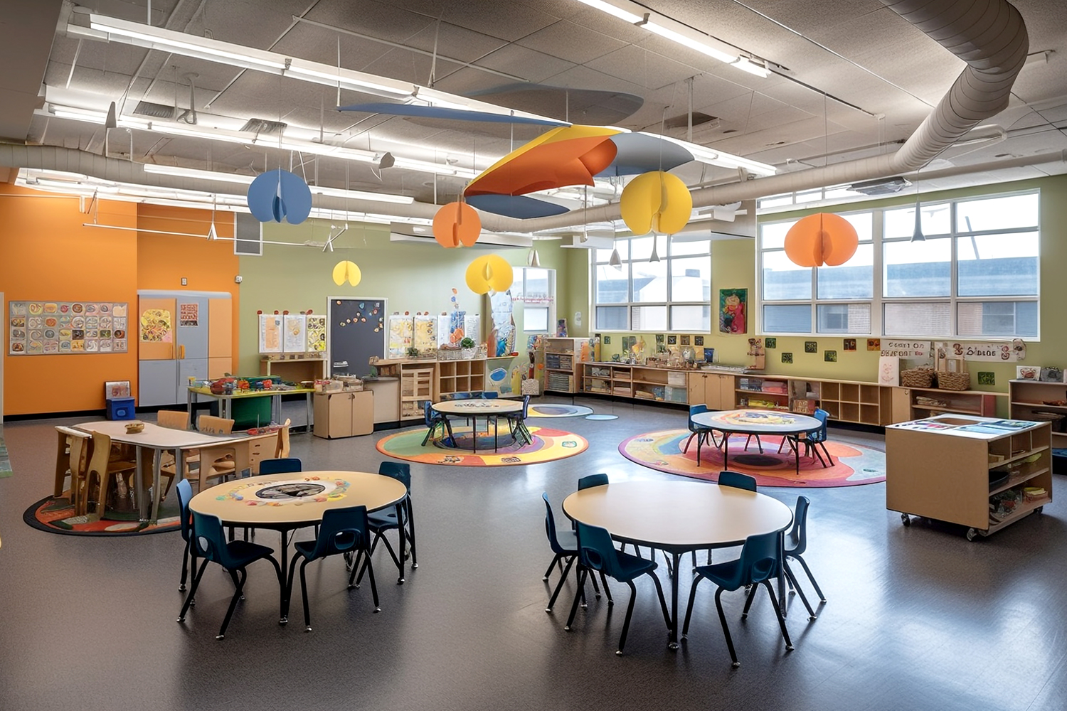 Colorful preschool classroom with round white tables, blue chairs, and bright circular rugs; colorful hanging decor and art on walls.